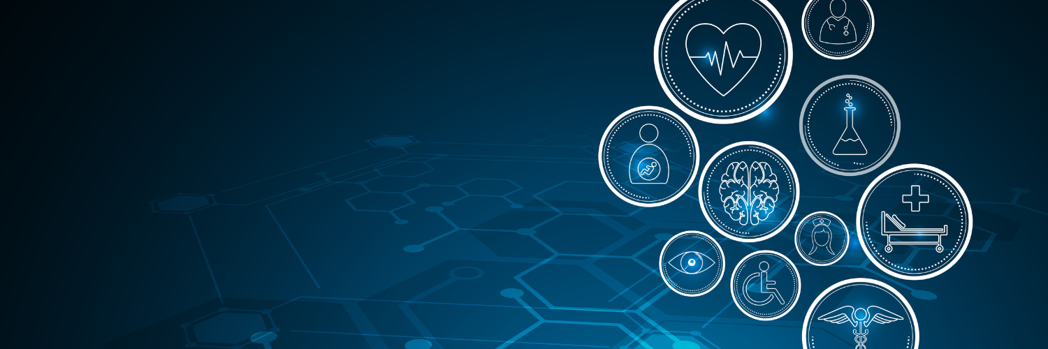 blue background, with health related icons